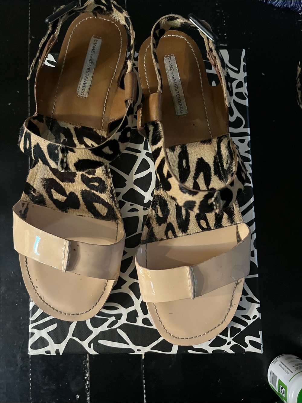Diane Von Furstenberg Leopard and Nude Patent Slingback Sandals